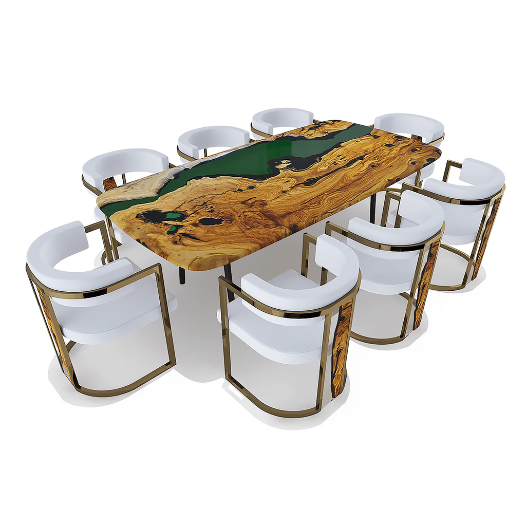 Elysion Green River olive wood dining table with green epoxy resin and white upholstered chairs