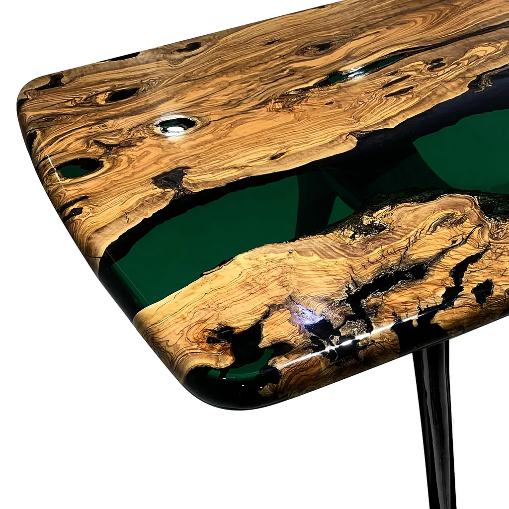 Elysion Green River olive wood dining table with dark green resin river and black metal legs