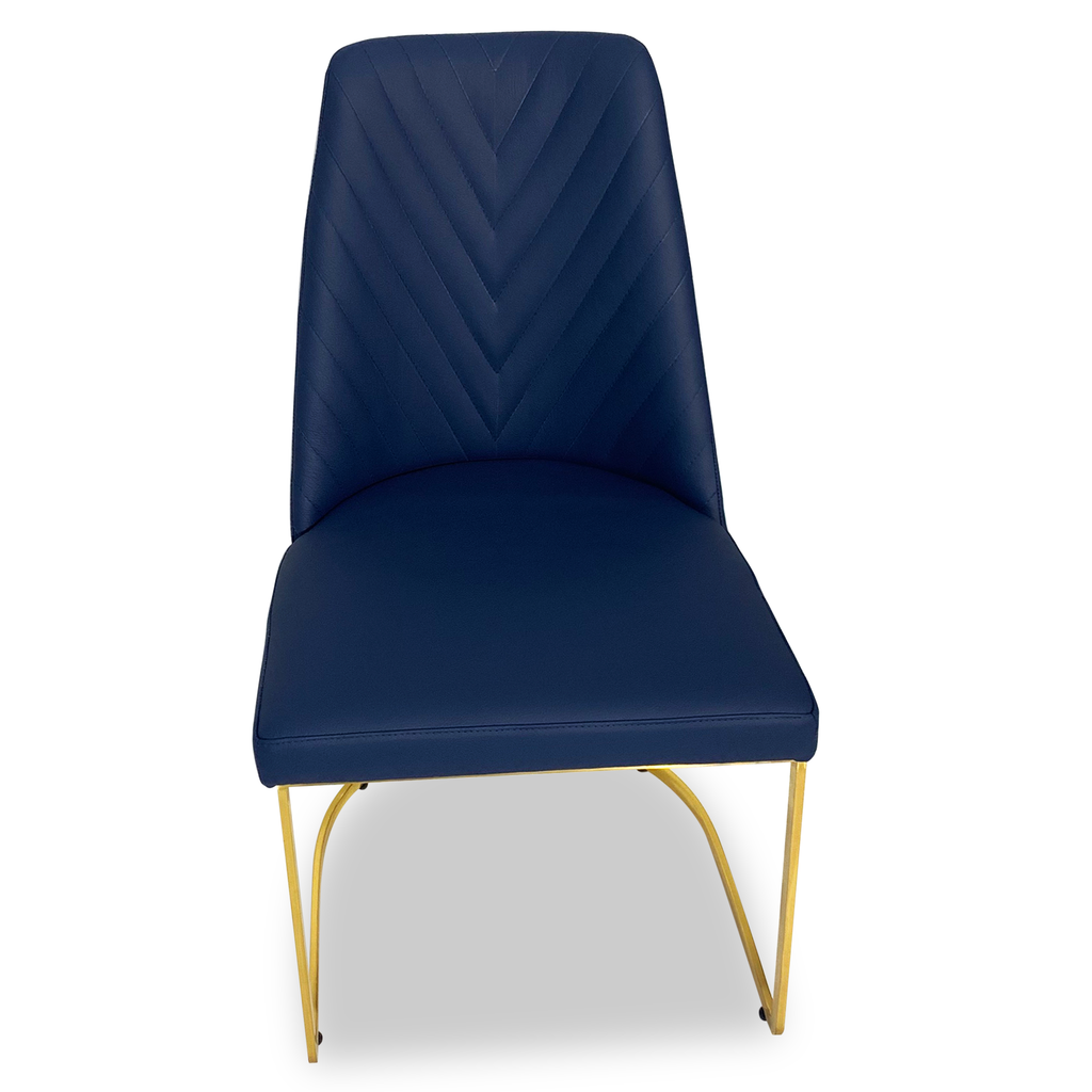 Enyo Dining Chair with navy blue finish, chevron backrest, and gold metal legs