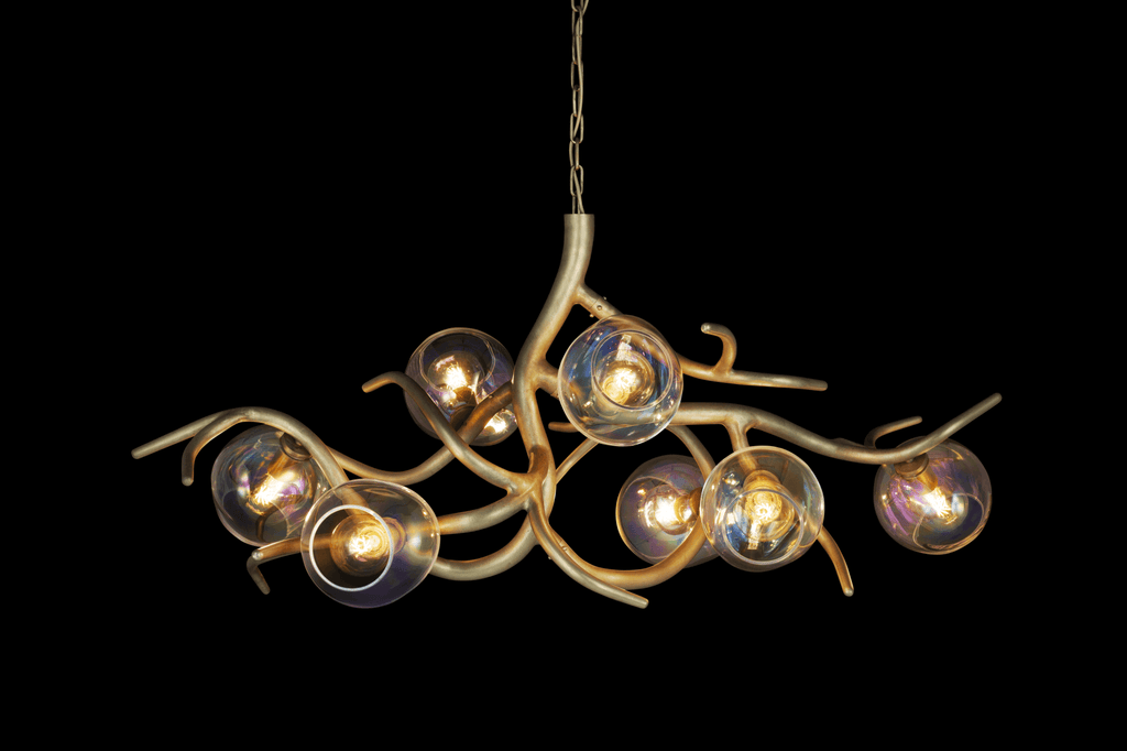 Gold-colored Ersa Chandelier Oval with branch-like design and spherical glass lights
