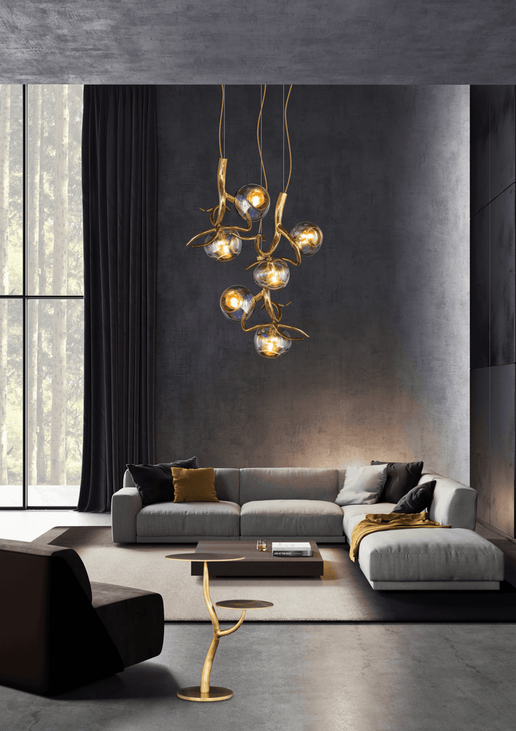 Luxurious modern living room featuring Ersa Hanging Lamp Element with gold chandelier