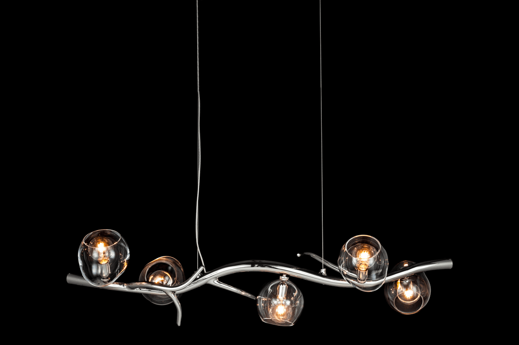 Modern chrome Ersa Hanging Lamp Long with five clear glass globes and glowing bulbs