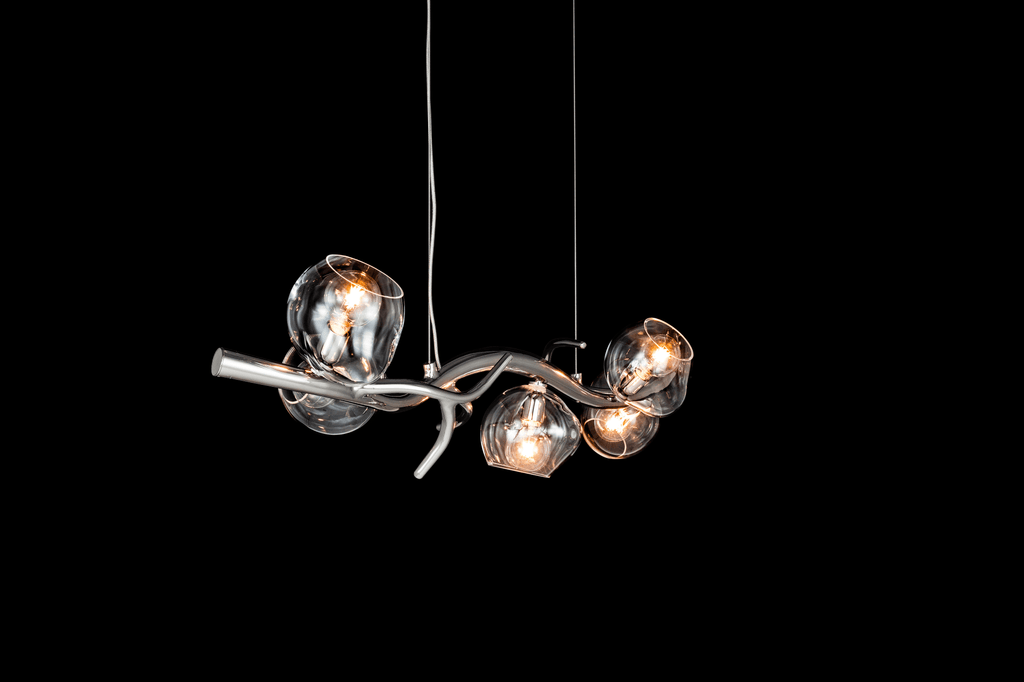 Ersa Hanging Lamp Long with tree branch design and five clear glass globes