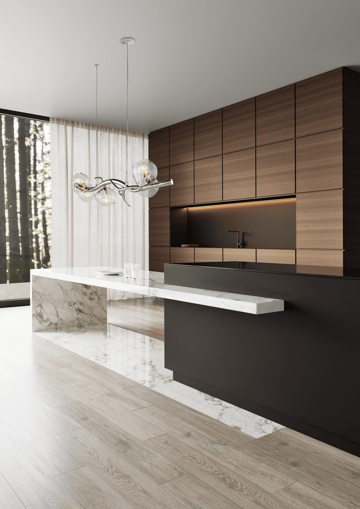 Modern kitchen with Ersa Hanging Lamp Long, black island, and glass globe chandelier