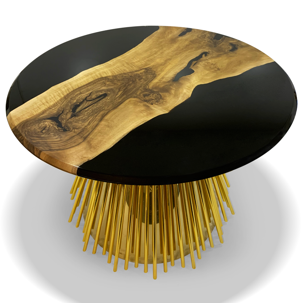 Eskulape Center Table with round black resin top and live-edge wood with gold spiky base