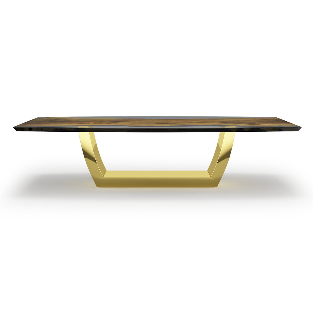 Evadne Walnut Wood Dining Table with polished wooden top and gold U-shaped base