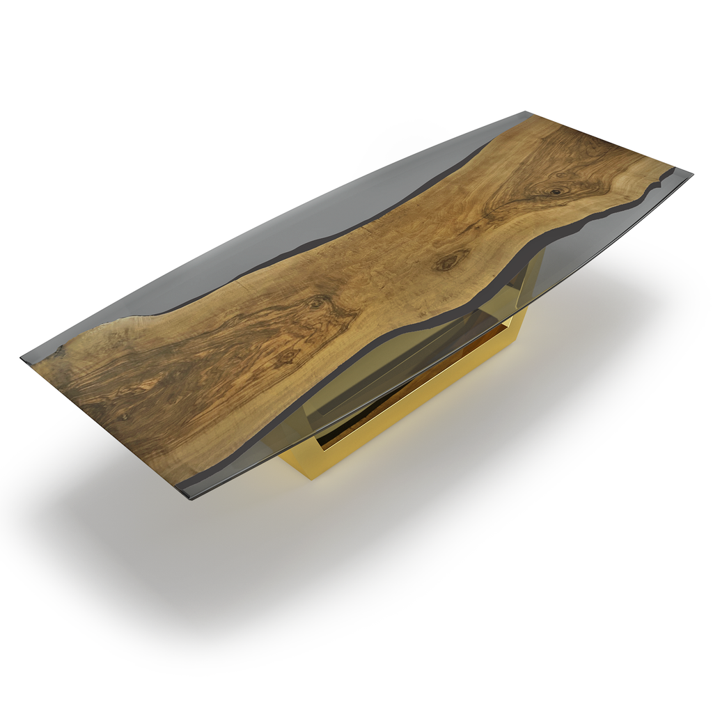 Evadne Walnut Wood Dining Table with live-edge wood, resin river, and polished gold base