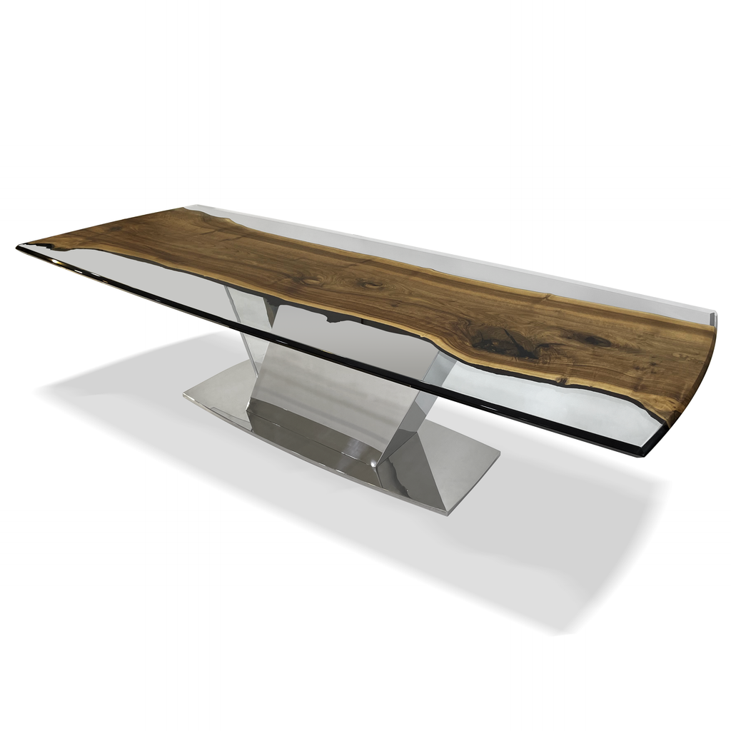 Evandros Walnut Dining Table with live edge wood, clear epoxy resin, and polished metal base