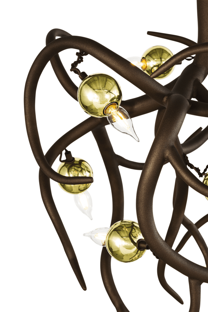 Eve Chandelier Conical with bronze finish, green glass globes, and clear leaf-shaped bulbs
