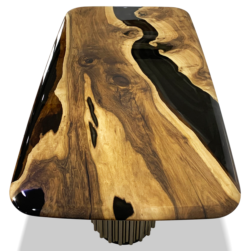 Evohe Black River Walnut Wood Dining Table with black resin river and fluted metal base