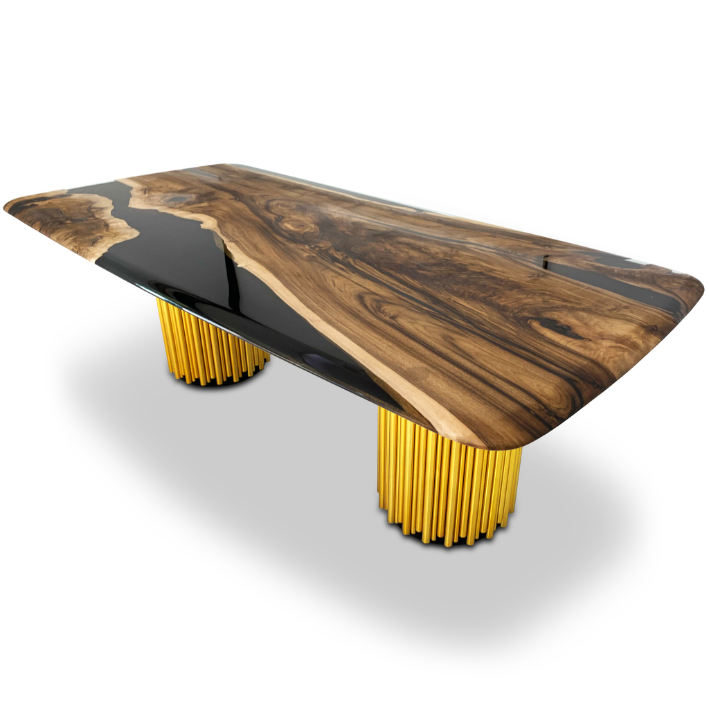 Evohe Black River Walnut dining table with dark wood top and gold bases