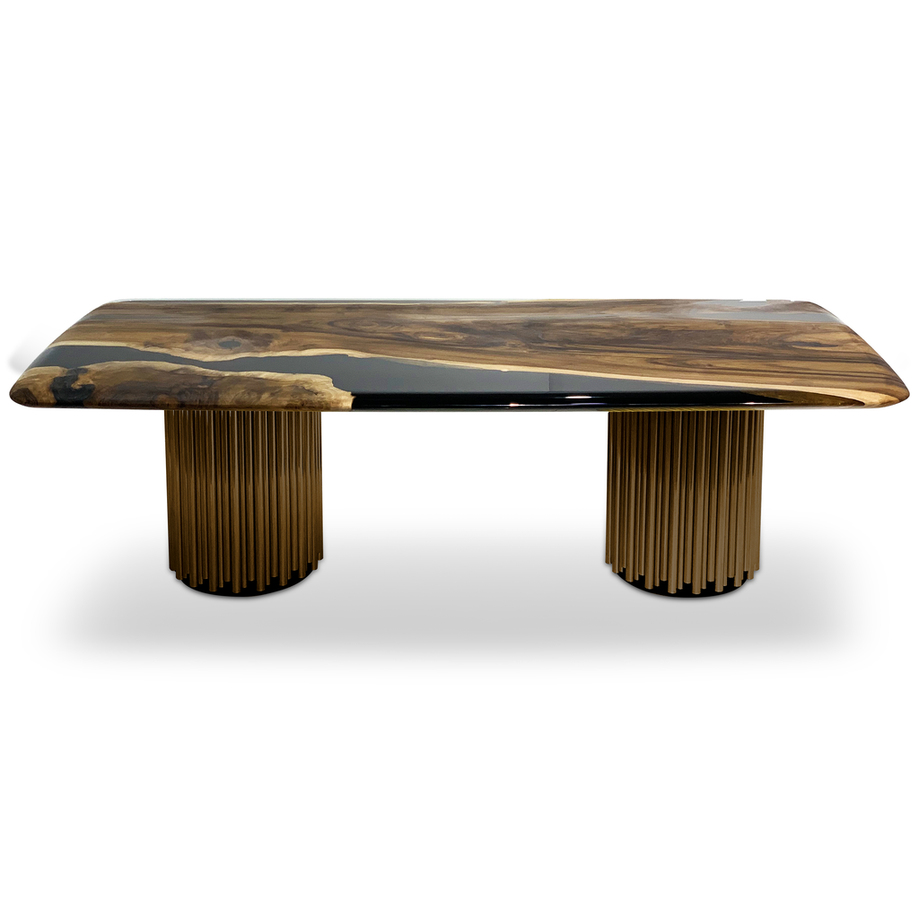 Evohe Black River Walnut Wood Dining Table with live-edge design and bronze bases