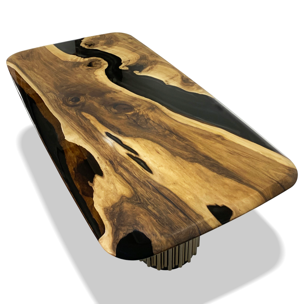 Evohe Black River walnut wood dining table with black resin river design and fluted metal base
