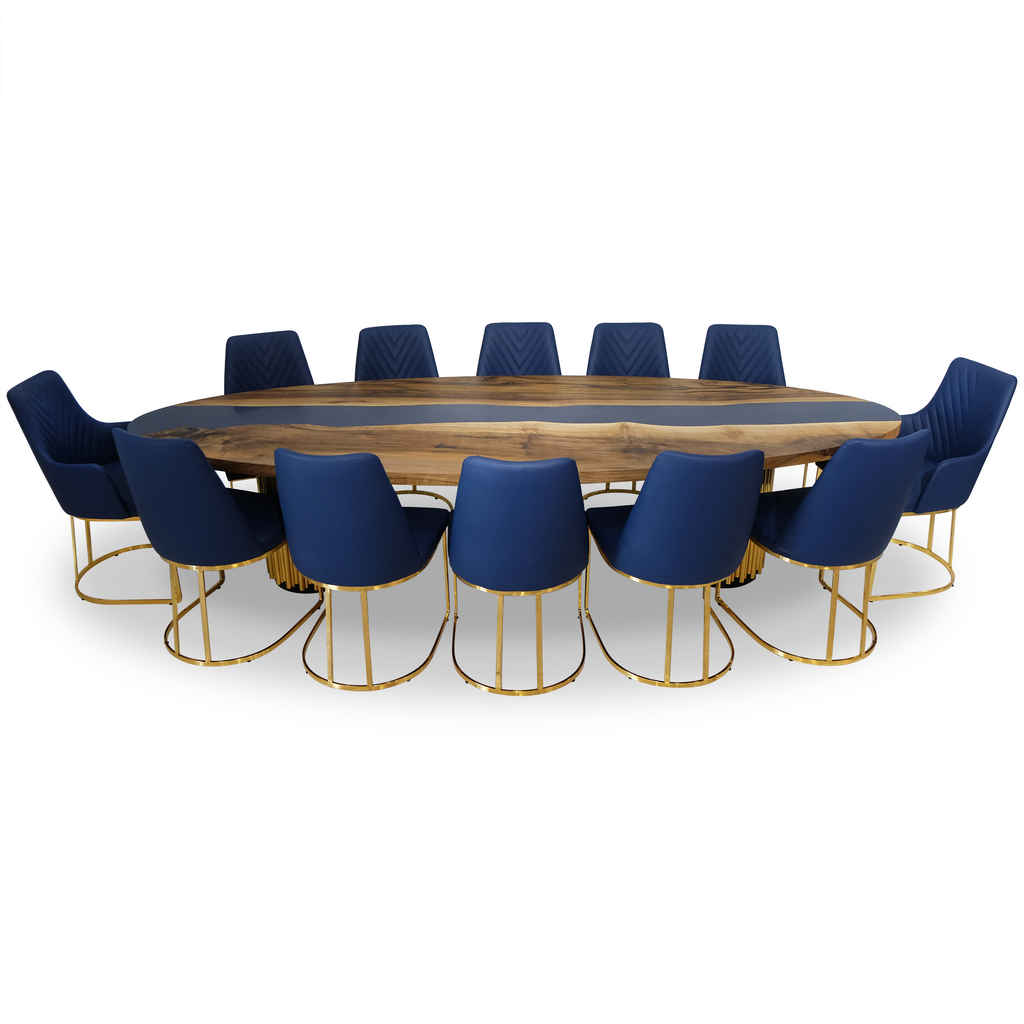 Evohe Blue River Walnut Dining Table with blue velvet seating and gold chair bases