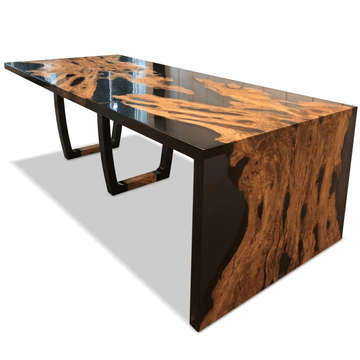 feronia semi-waterfall olive wood dining table, olive wood dining table, waterfall dining table, resin dining table, modern dining table, luxury dining table, dining table for sale