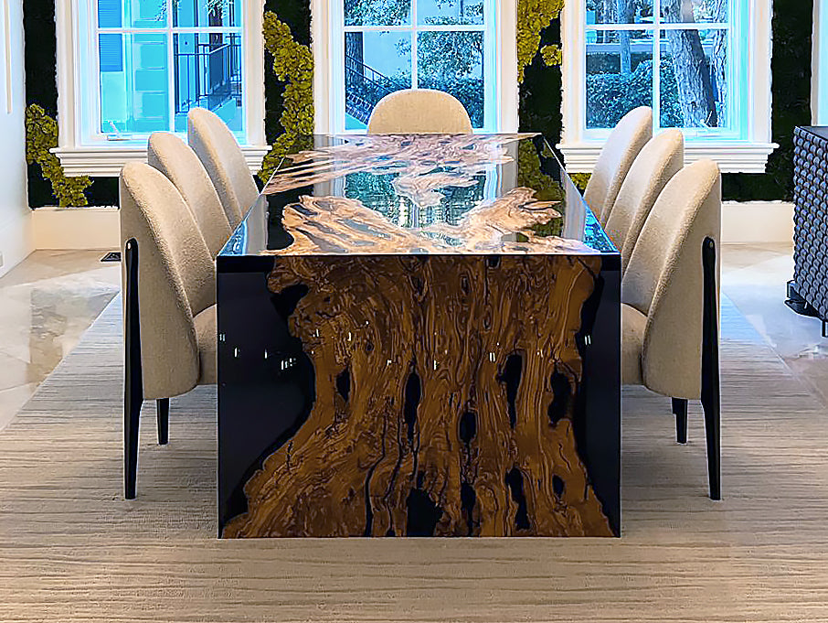 Black Staphyle Olive Wood Dining Table with clear resin top and dark base