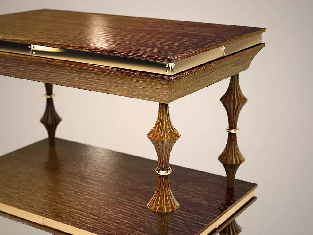 Ferrat Modern Shelf: Two-tiered dark wood console table with brass accents