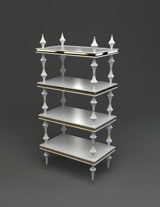 Elegant four-tier white and gold ornate Ferrat Modern Shelf with decorative finials
