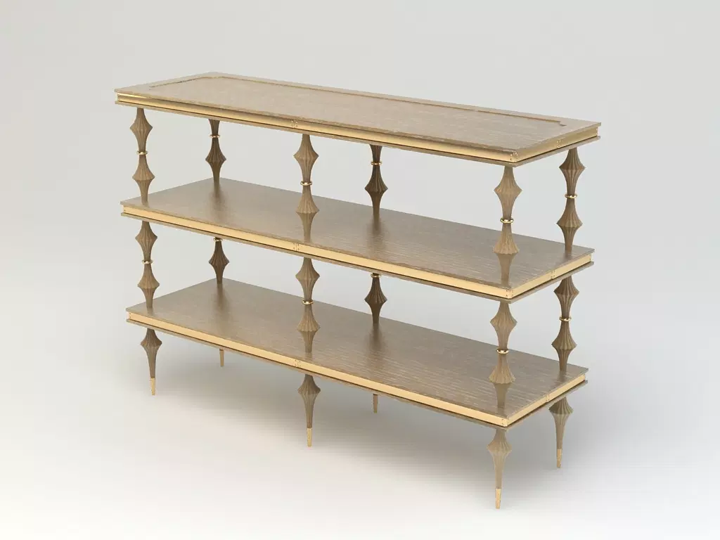 Ferrat Modern Shelf featuring a three-tier console table with ornate spindle legs and gold trim