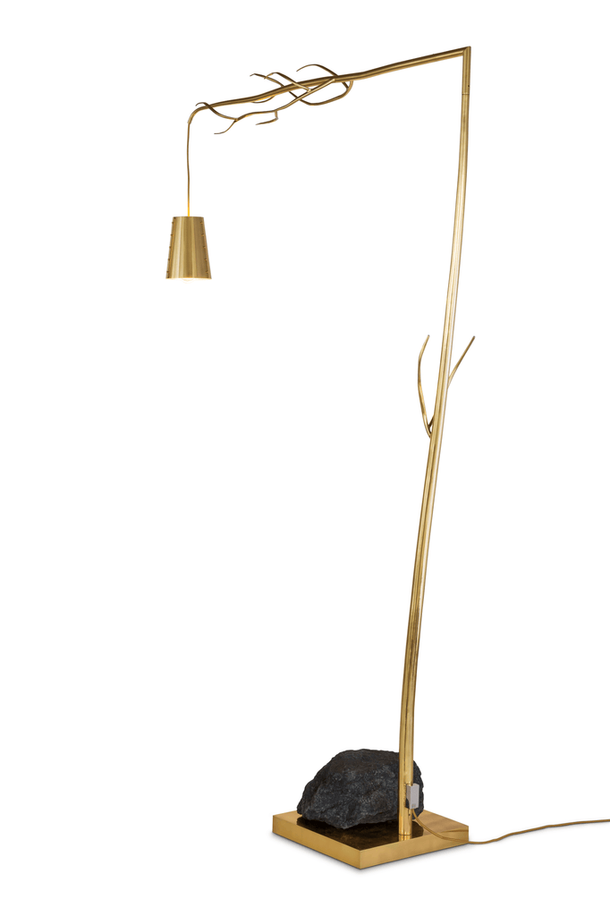 Modern brass Flintstone Floor Lamp with branch design and black rock base
