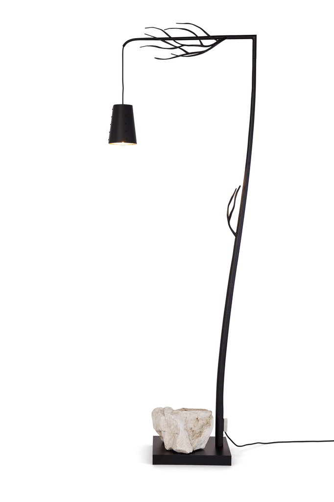 Black metal Flintstone Floor Lamp with branch design and white stone base