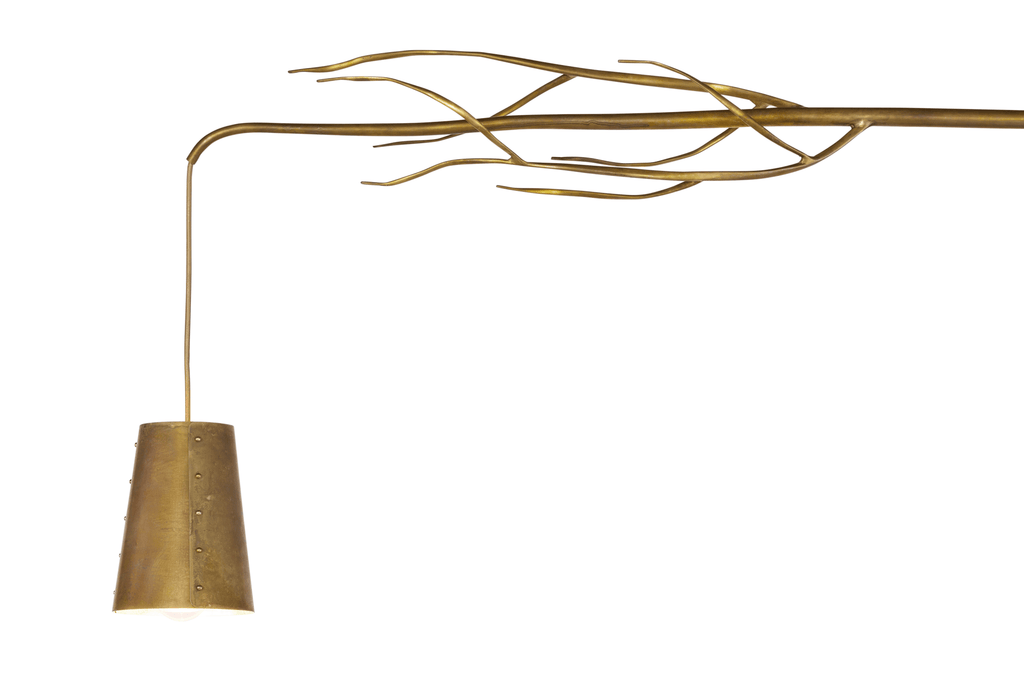 Brass Flintstone Floor Lamp with conical shade and decorative branch accents