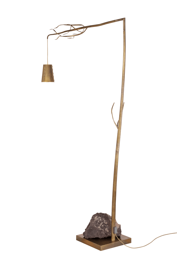 Flintstone Floor Lamp with branch-like design, hanging shade, and stone base