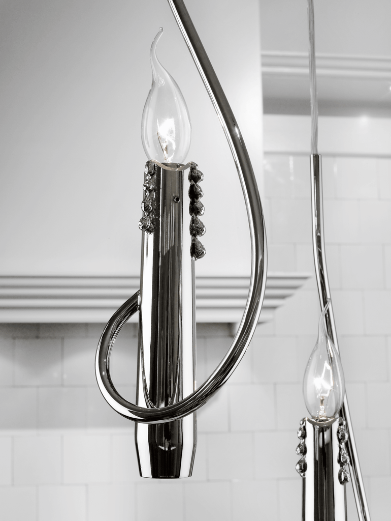 Chrome candle-shaped light fixture with crystal adornments from Floating Candles Hanging Lamp Inline collection