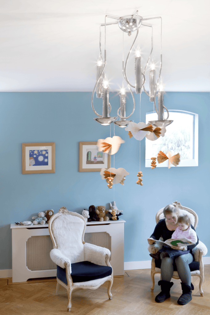 Silver chandelier with floating candles hanging and bird decorations for custom height candles hanging lamp