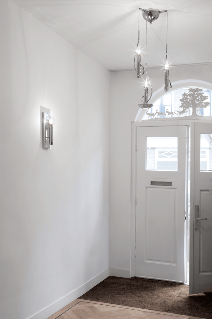 Floating candles hanging lamp with adjustable arms and polished chrome finish for custom height