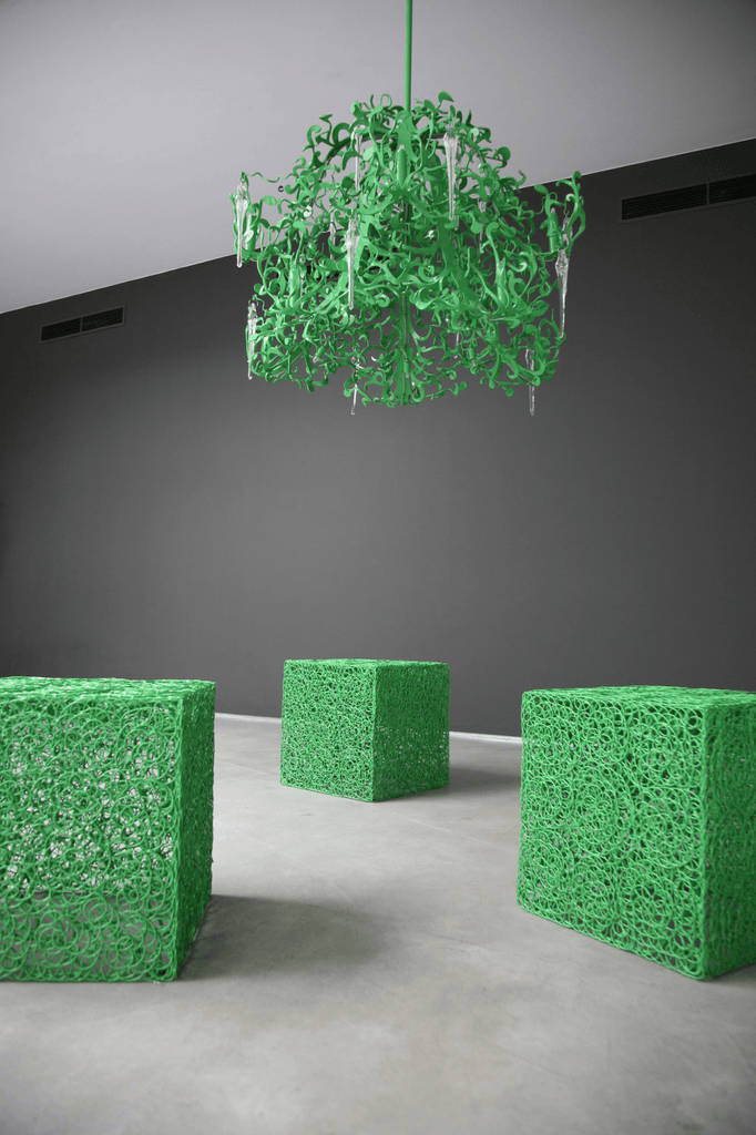 Vibrant green flower power chandelier round with intricate design for a stylish space