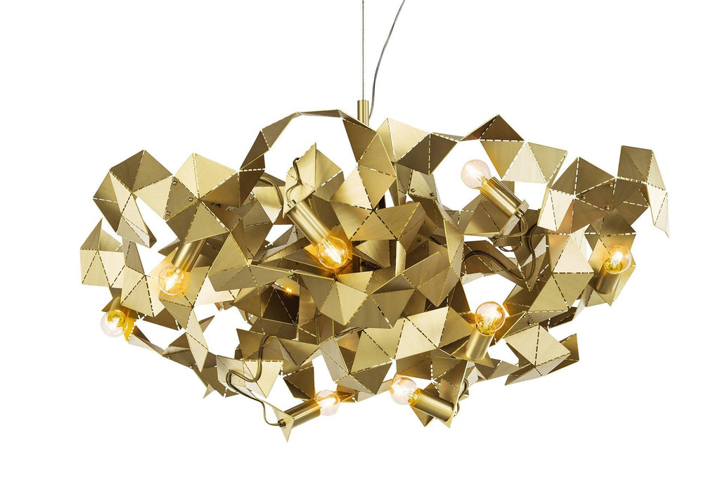 Modern brass Fractal Chandelier Round with exposed bulbs and geometric folded design