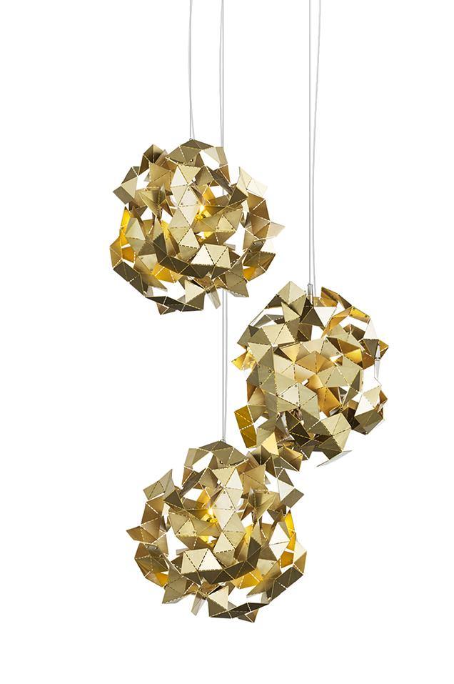 Fractal Cloud three gold geometric pendant lights with crumpled multifaceted design