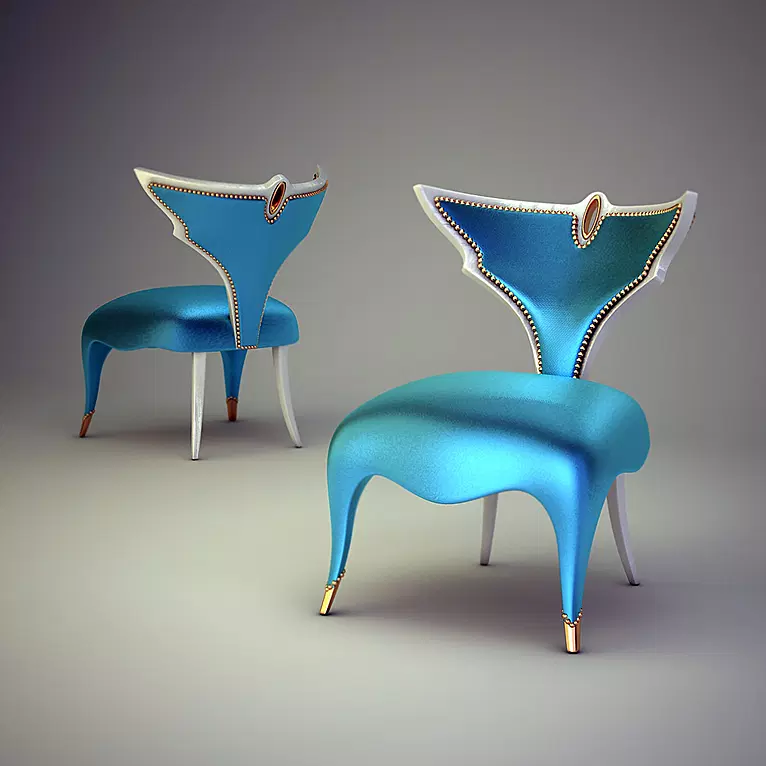 Freebird Chair featuring two uniquely designed blue chairs with white and gold accents