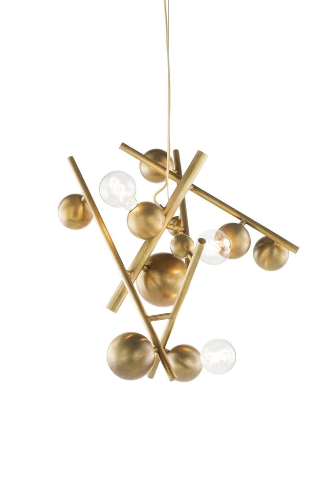 Galaxy Chandelier Round featuring a brass chandelier with multiple arms and spherical lights