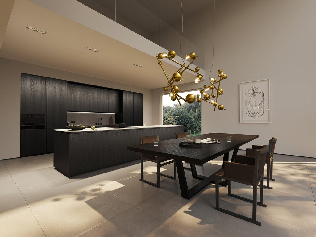 Modern kitchen with Galaxy Chandelier Round hanging above black dining table