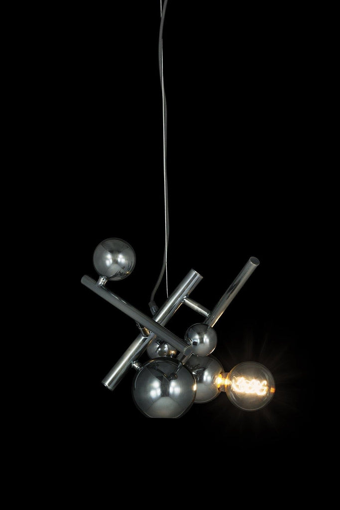 Galaxy Element modern chrome chandelier with spherical and cylindrical design and exposed bulb