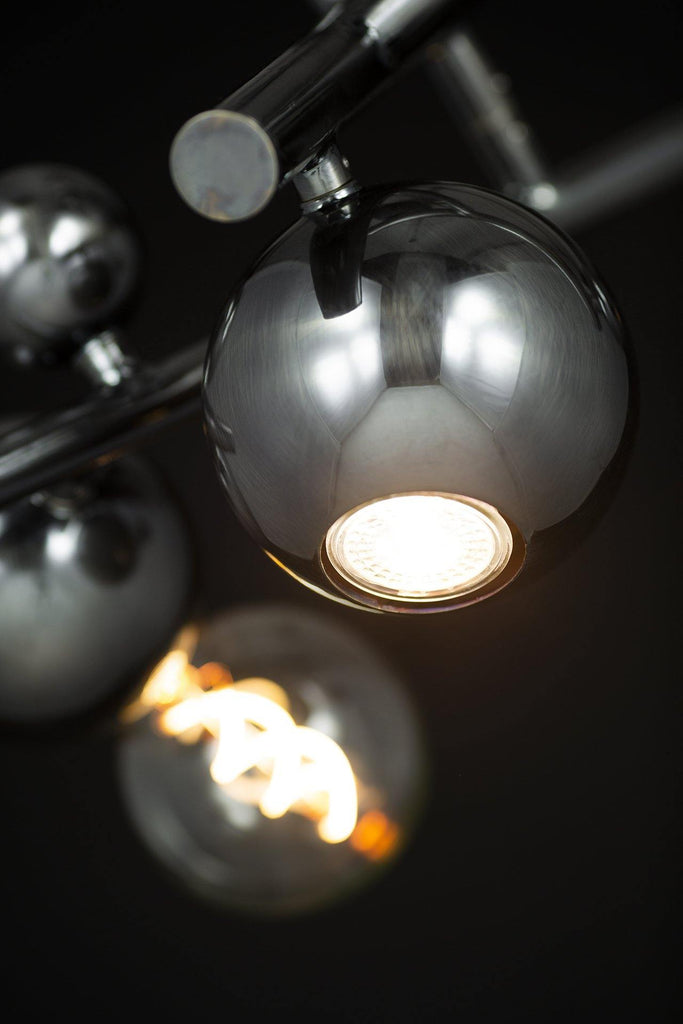 Galaxy Element modern chandelier with shiny chrome spheres and illuminated bulbs