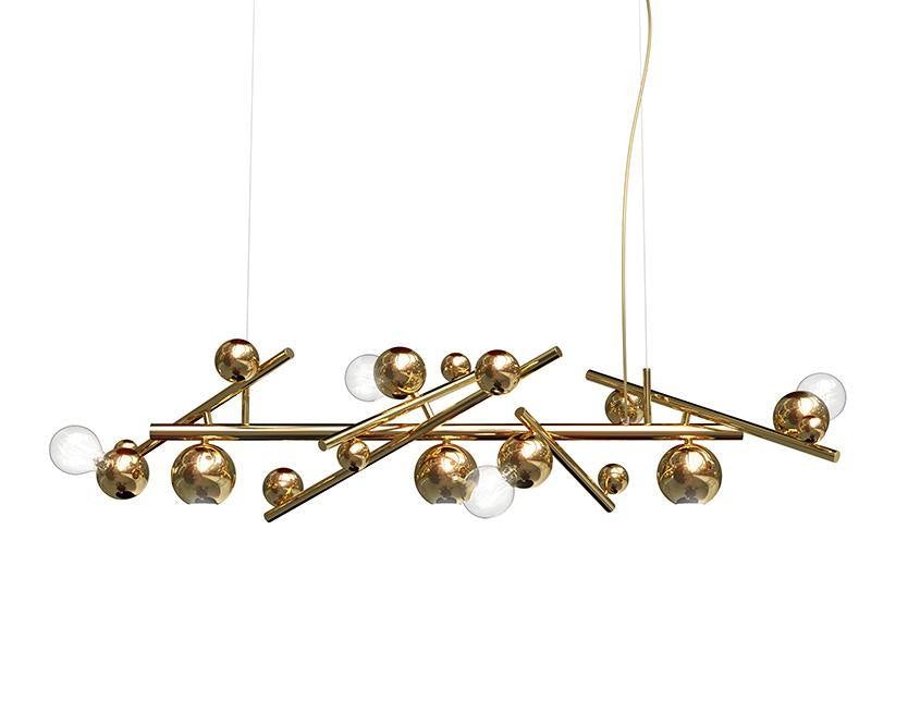 Modern galaxy hanging lamp with golden textured spheres and clear glass bulbs