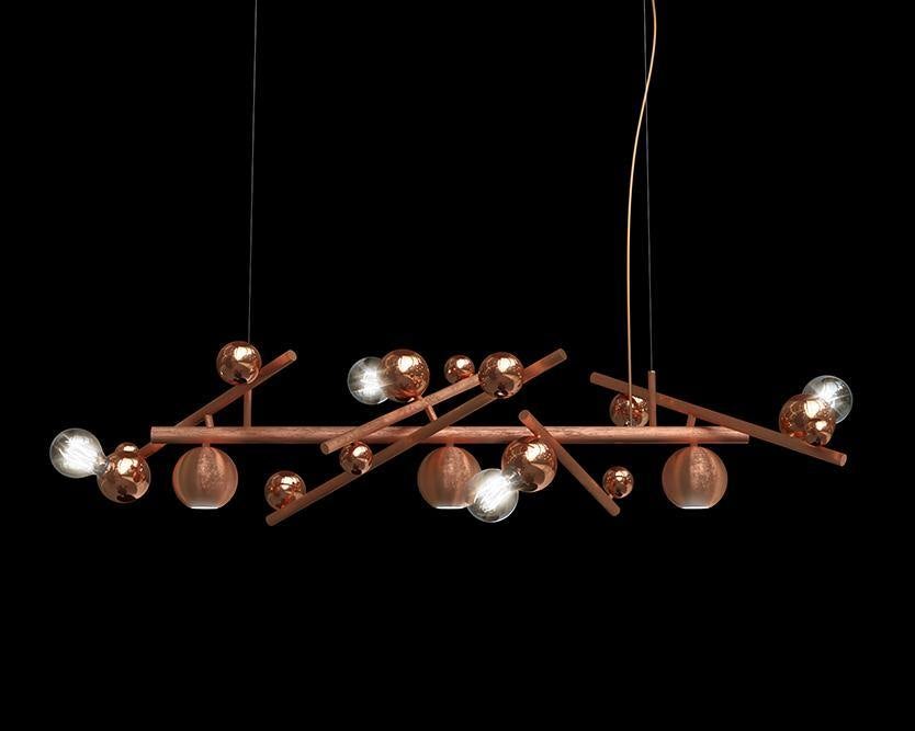 Modern copper-colored galaxy hanging lamp with spherical lights and decorative orbs