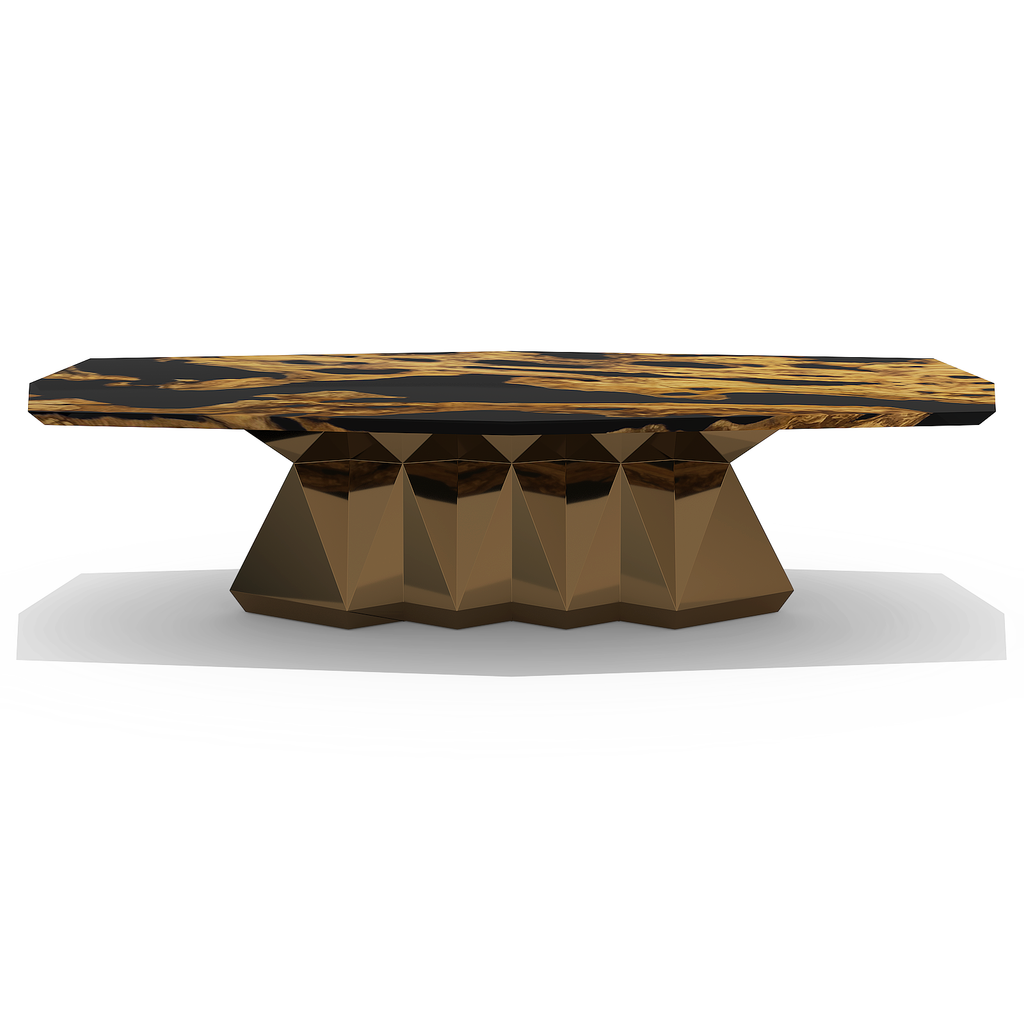 Gerena Olive Dining Table with octagonal gold and black patterned top and bronze base