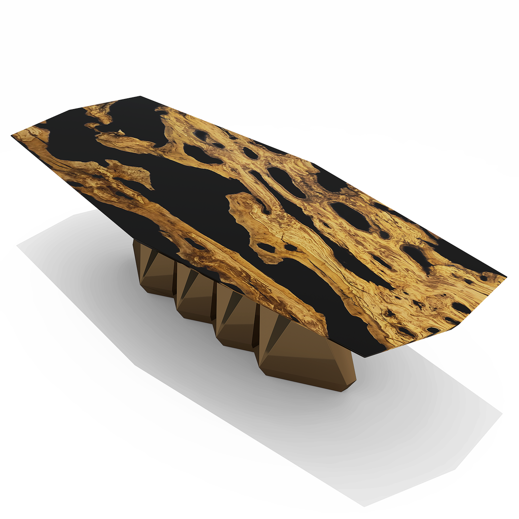 Gerena Olive Dining Table with black resin and natural wood slab top and bronze base