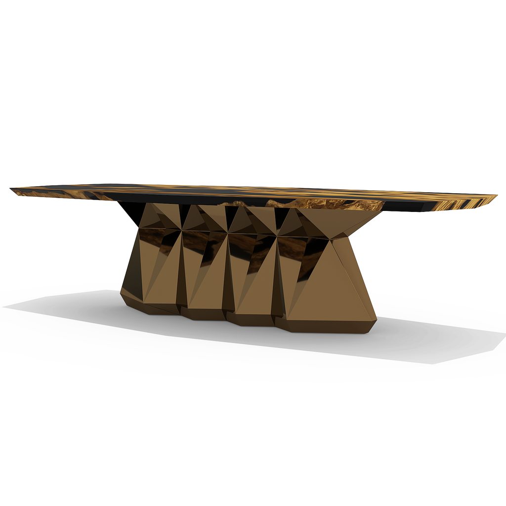 Gerena Olive Dining Table with textured golden-brown top and metallic bronze base