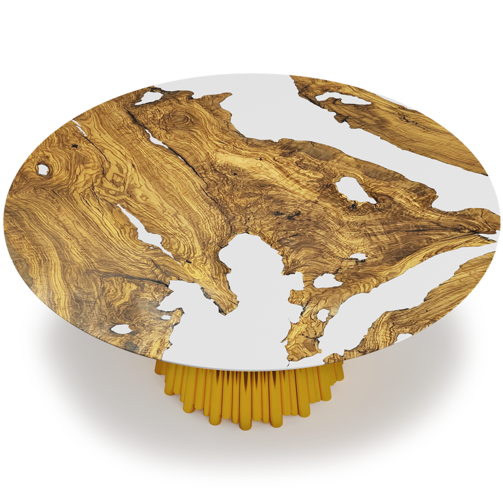 Grazia Olive Round Dining Table with natural wood and white resin top and gold base