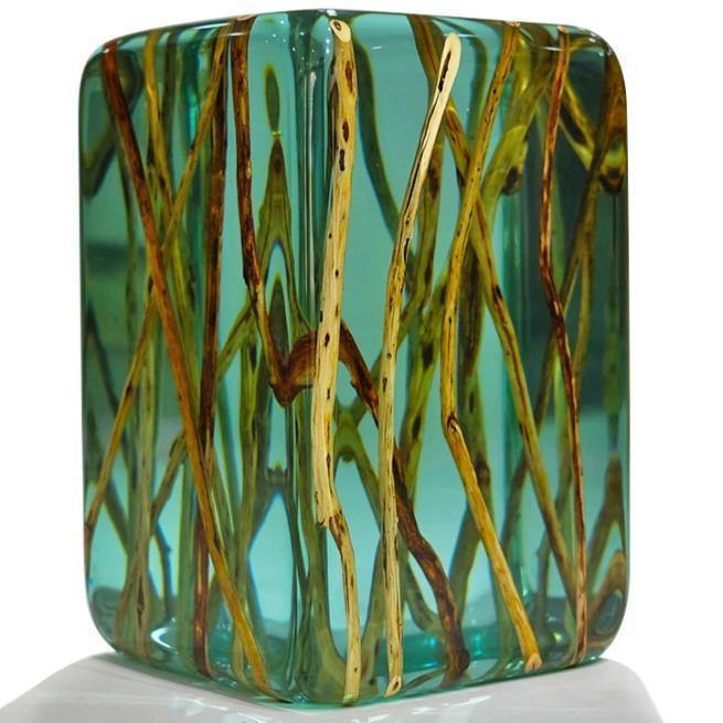 Teal resin Green Branches Cube End Table with embedded natural wood sticks