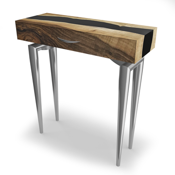 harmonia entryway console, walnut wood console, resin console, entryway furniture, modern console, contemporary console, walnut wood, jet black, glossy finish, stainless steel, chrome