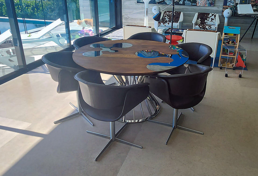 Amiata stainless steel walnut round dining table with blue resin river accents and six chairs