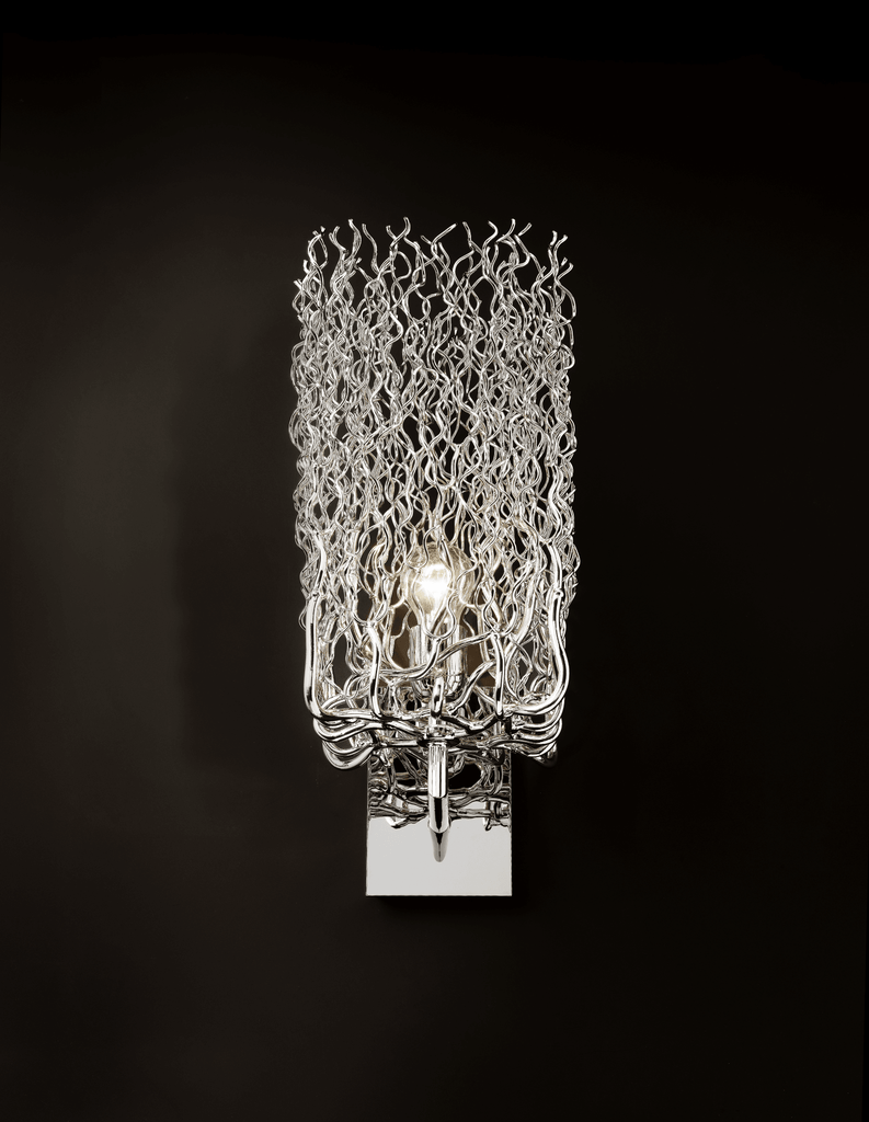 Hollywood Block Wall Lamp with modern chrome finish and sculptural tangled metal shade