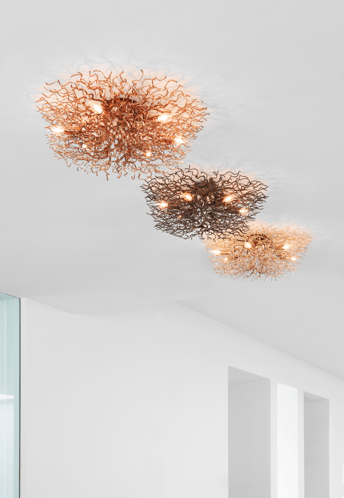 Hollywood ceiling lamp round with ornate bronze and gold multi-bulb design featuring intricate branch-like details