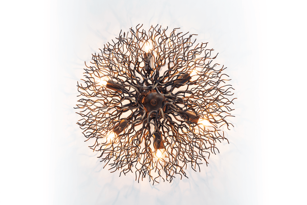 Ornate Hollywood Ceiling Lamp Round with branch-like metal chandelier and exposed bulbs